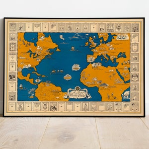 Mapa del mundo de los libros/ Regalo para amantes de los libros/ Impresión de mapa vintage / Impresión de arte para pared / Impresión de lienzo / Póster enmarcado / Mapa desplegable