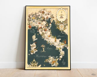 Gastronomische kaart van Italië| Posterkunst| Gastronomica-tabel| Wanddecoratie keuken| Muurkunstafdruk| Vintage poster| Muurdecoratie kaart Italië