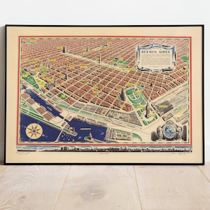 Impresión de mapas de Buenos Aires / Historia del arte / 1950 Arte de la pared del mapa de Buenos Aires / Arte enmarcado / Arte de lienzo / Arte del cartel / Arte de la pared impresa / Impresión de la pared del mapa de la ciudad