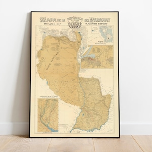 Mapa antiguo de Paraguay/Impresión de arte mural/Arte en lienzo estirado/Arte en póster/Impresión de pared para el hogar/Arte mural de Paraguay