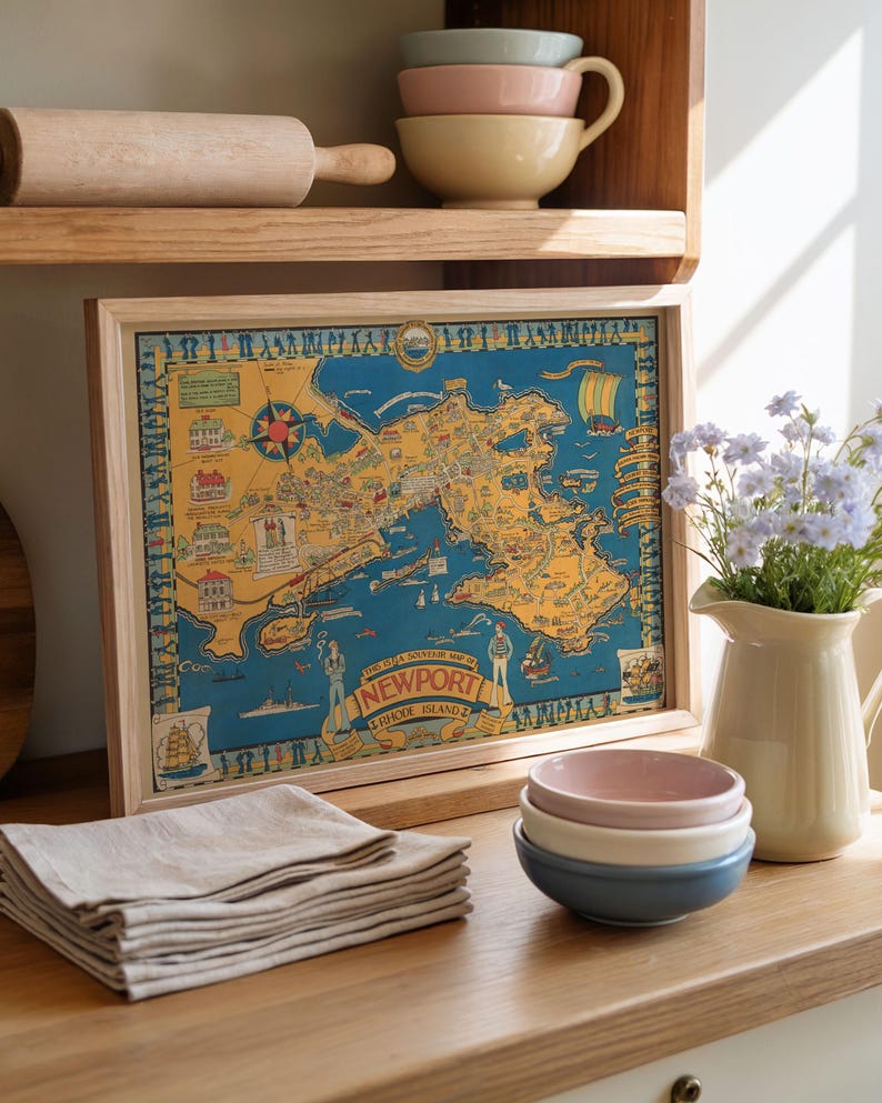 May include: A framed vintage map of Newport, Rhode Island, in a wooden frame. The map is in shades of blue, yellow, and brown. A stack of beige linen napkins, a small stack of pastel bowls, and a vase of flowers are also visible.