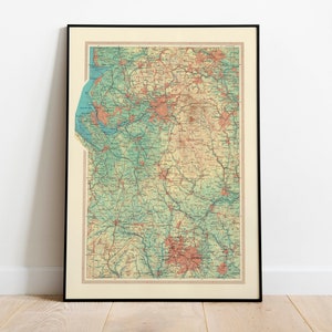 Kaart van Midden- en Noord-Engeland| Oude kaart wanddecoratie| Kaart kunst aan de muur| Posterafdruk| Kaart muurafdruk| Ingelijste kunstafdruk| Canvasafdruk kaart