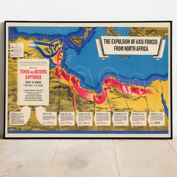 Map of North Africa in World War 2| Tunis Map Print| Bizerta Map Poster| Framed Art Print| WW2 Map| Canvas Print Wall Decor| Wall Maps