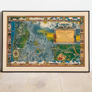 Oregon Trail Karte Kunstdruck | Vintage USA Karten Wandkunst | Gerahmte Wandbilder| Pull Down Karte| Drucke auf Leinwand | Leinwand mit Passepartout