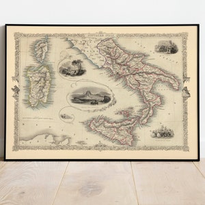 Süditalien Landkarte Print 1851| Vintage Landkarte Italien| Kunstdruck auf Leinwand | Italien Karte Kunstdruck | Pull Down Karte| Italien Landkarte
