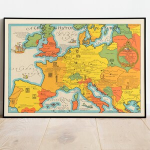 Schaubild der Geschichte des Buchdrucks in Europa 1931| Alte Landkarte Wandbilder| Leinwand Wanddeko | Vintage Karte Wandkunst| Posterdruck | Gerahmte Wandkunst