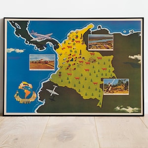 Mapa pictórico de Colombia/ Impresión de arte de pared de mapa antiguo / Impresión de arte enmarcada / Lienzo de pared de mapa vintage / Impresión de pared / Impresión de póster