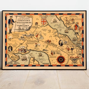 Karte von Jamestown, Williamsburg und Yorktown| Virginia Wandbild| Drucke auf Leinwand| Wand Kunst Poster | Vintage Karte Art