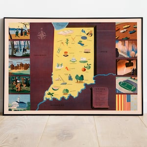 Historische Karte von Indiana| 1938 Indiana Karte Wandbild | Leinwandbild | Vintage Poster | Gerahmter Kunstdruck| Posterdruck