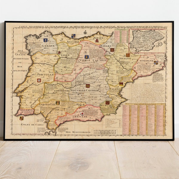 Impresión de pared de mapa de España/ Mapa de España de 1719 / Impresión de póster / Arte de pared con impresión de lienzo / Póster de arte de pared de mapa antiguo / Decoración de pared de mapa enmarcado