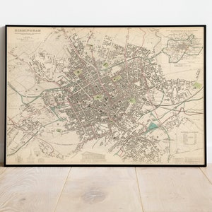 Birmingham City Map Wandbild | 1839 Birmingham Karte| Posterdruck | Kunstdruck auf Leinwand | Alte Karte Wand Kunst Poster | Gerahmte Landkarte als Wanddeko
