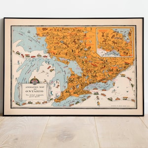 Animierte Karte von Ontario, Kanada| Ontario Wand Kunstdruck | Ontario Leinwand Wandkunst| Poster Vintage| Kanada Alte Karte Drucke