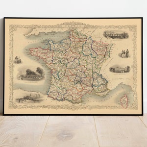 France Map 1851| France Map Wall Art| Canvas Print Wall Decor| France Wall Print Map| Vintage Map Poster| Pull Down Map