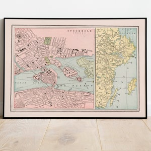 1901 Stockholm Karte Print| Kunstdruck auf Leinwand | Schweden Landkarten für die Wand | Stockholm Karte Poster | Wandkarten| Pull Down Map