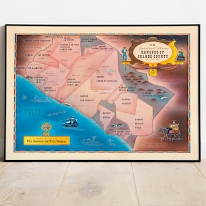 Karte der alten spanischen und mexikanischen Ranchos von Orange County| Kunstdruck auf Leinwand | Kalifornien Vintage Karten für Wanddeko| Wandbilder