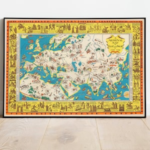Mapa medieval de Oriente y Occidente 1925/ Impresión de póster/ Arte de pared de lienzo/ Póster de pared de mapa vintage/ Impresión de arte enmarcado/ Impresión de pared