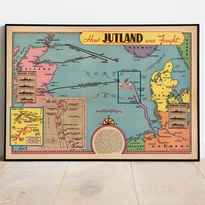 Mapa de la batalla de Jutlandia/Póster de la Primera Guerra Mundial/Impresión de arte mural de la Primera Guerra Mundial/Arte mural de mapas militares/Impresión de pared de mapas de la Primera Guerra Mundial/Póster de mapas antiguos
