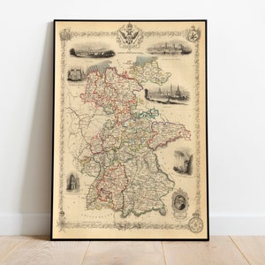 Alemania Mapa Imprimir Arte de la pared/ 1851 Alemania Vintage Mapa Impresiones de pared / Impresiones de lienzo / Mapas antiguos Póster Decoración de la pared / Mapa desplegable