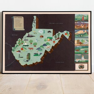 Historische Karte von West Virginia| 1938 West Virginia Karte Wandbild | USA Karten Wanddeko | Leinwanddruck | Gerahmter Kunstdruck| Landkarte Wandposter