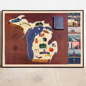 Historical Map of Michigan| 1938 Michigan Map Wall Print| Canvas Wall Art| Vintage Poster| Framed Art Print| Poster Print