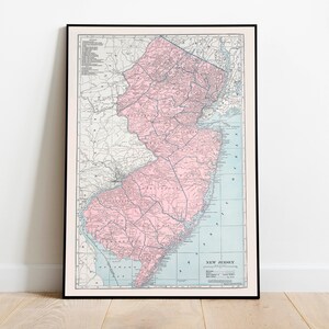 Kaart van de staat New Jersey| Vintage New Jersey kaart afdrukken | New Jersey canvas kunst aan de muur| Oude kaart van New Jersey| Affichewijnoogst