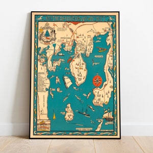 Mapa pictórico de Boothbay Harbor/ Arte de la pared de Maine/ Decoración de la pared del lienzo / Cartel del mapa de la pared antigua / Mapa desplegable / Impresión de la pared del puerto de Boothbay