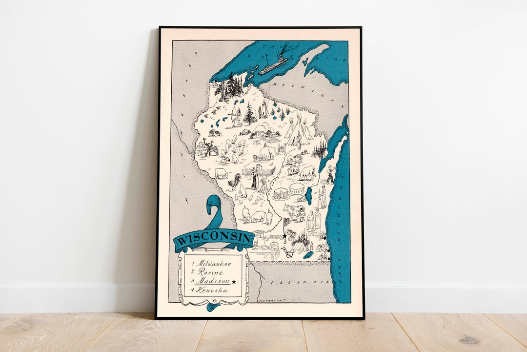 Vintage Wisconsin Map Print| Wisconsin Canvas Wall Art| Old Map Wall ...