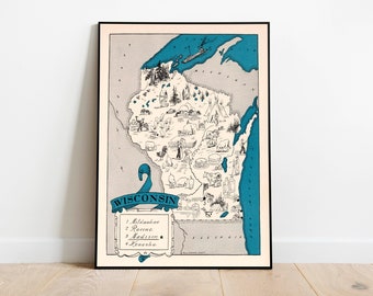 Vintage Wisconsin Map Print| Wisconsin Canvas Wall Art| Old Map Wall Prints| Pull Down Map| Wisconsin Map Poster for Wall Decor