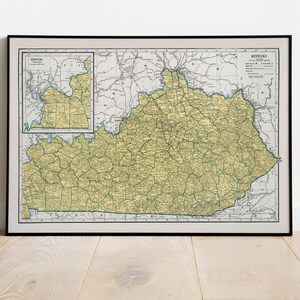 Map of State of Kentucky| Vintage Map Print| Kentucky Wall Art| Old Kentucky Map Poster| Canvas Wall Print| Pull Down Map