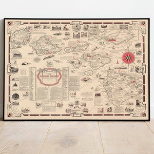 Carte illustrée des îles Hawaï| Impression d'art mural Hawaï | Décoration murale sur toile Hawaï | affiche d'art vintage| Décoration murale hawaïenne