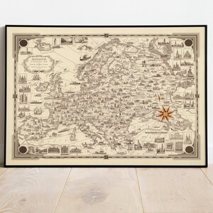 Schilderkaart van Europa| Vintage Europa kaart afdrukken| Canvas kunst aan de muur| Trek kaart naar beneden| Europa kaart muur print| Affichewijnoogst