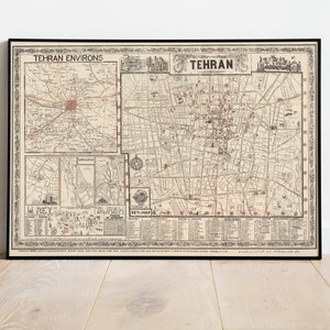 Teheran City Map Wall Print| Gerahmte Karte Wanddekor | 1956 Teheran Karte Kunstdruck| Posterdruck | Leinwanddruck Wandkunst | Karte Wand Kunst Poster