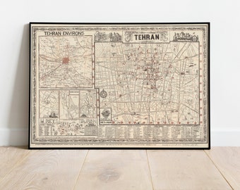 Stampa da parete con mappa della città di Teheran/Decorazione da parete con mappa incorniciata/Stampa artistica della mappa di Teheran del 1956/Stampa poster/Stampa su tela Arte da parete/Poster con mappa artistica da parete
