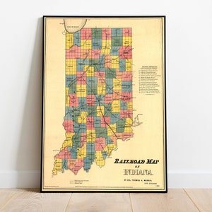 Indiana Railroad Map / Old indiana Map / Indiana Counties Map / Old US States Map / Indiana Vintage Map / Old Map Wall Art / Old USA Maps
