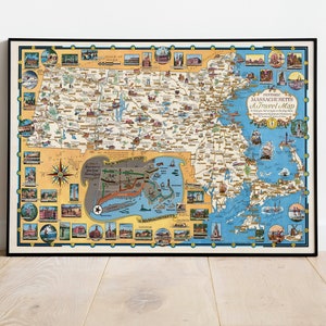 Historisches Massachusetts Travel Map Poster | Massachusetts Karte Wandbild | Massachusetts Karte Leinwand Wandkunst| Vintage Poster Art