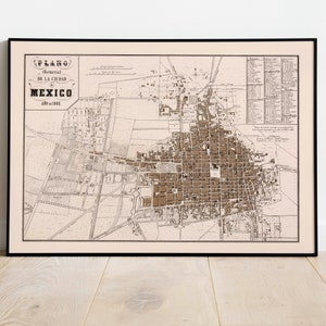 Karte von Mexiko-Stadt 1865| Posterdruck | Gerahmter Kunstdruck| Kunst Leinwand Wand-Dekor | Mexiko Stadt Karte Wandbild | Vintage Wandposter