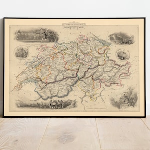 Historische Karte der Schweiz 1851| Alte Karte Wanddeko | Vintage Karte Wandkunst| Posterdruck | Gerahmter Kunstdruck| Leinwanddruck Karte