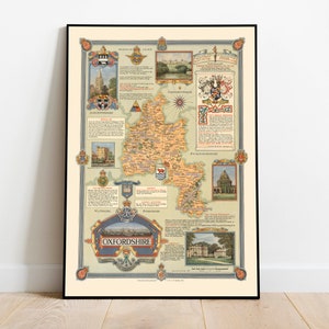 Oxforshire Wandkarte Print | Vintage Oxforshire Karte Poster | Oxfordshire Leinwand Wandkunst | England Alte Landkarten| Pull Down Map