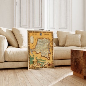 Mapa pictórico colorido do Congo Belga | Decoração de parede em tela | Arte de parede da África | Pôster vintage | Mapa suspenso | Impressão do mapa do Congo