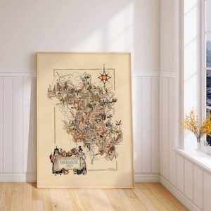Decorative Map of Bourgogne Region, France| Vintage Map Art| Canvas Wall Art| Home Wall Print| Wall Decor Poster