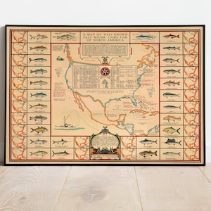 Pesci del Nord America/Poster dei pesci/Poster della mappa dei pesci/Mappa della mappa dei pesci/Regali dei pescatori/Arte della parete della Lake House/Stampa del diagramma dei pesci