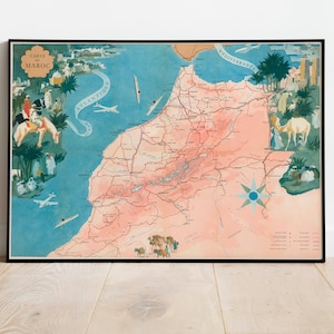 Mappa pittorica colorata del Marocco/Stampa artistica da parete vecchia mappa/Stampa artistica incorniciata/Tela da parete mappa vintage/Stampa da parete/Stampa poster