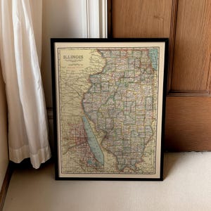 Mapa antiguo de Illinois, 1920. Póster enmarcado. Impresión artística en lienzo. Decoración de pared.
