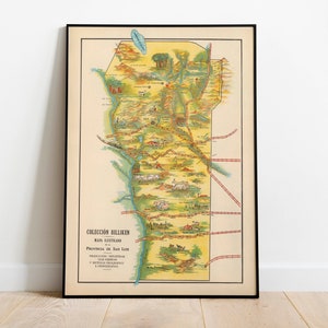 Mapa pictórico de San Luis, Argentina/ Mapa antiguo Impresión de arte mural / Impresión de arte enmarcado / Lienzo de pared de mapa vintage / Impresión de pared / Impresión de póster