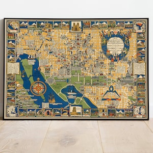 Karte der Stadt Washington D.C.| Washington Wandbild | Alte Karte Washington D.C. Poster| Washington Leinwand Wandkunst| Pull Down Map