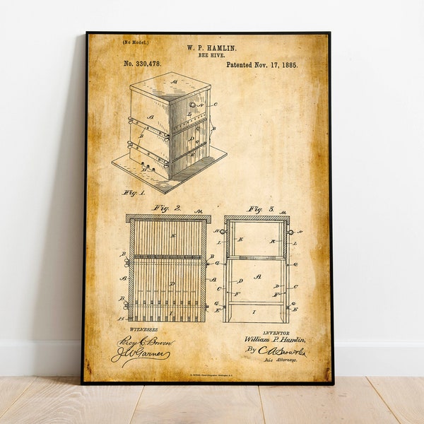 Bee Hive Patent Print| Framed Art Print| Vintage Poster Wall Decor| Art Canvas| Wall Poster| Wall Art Prints| Wall Prints