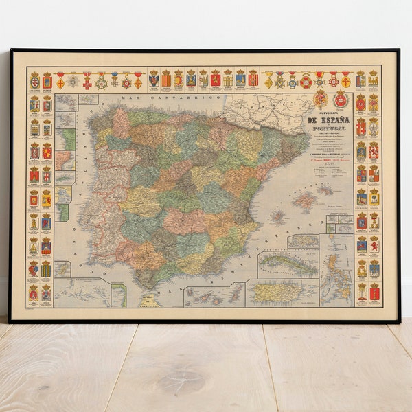 Mapa en color de España y Portugal y sus colonias en 1892/ Impresión de pared de mapa antiguo/ Arte de pared enmarcado/ Impresión de lienzo/ Arte de pared de España y Portugal