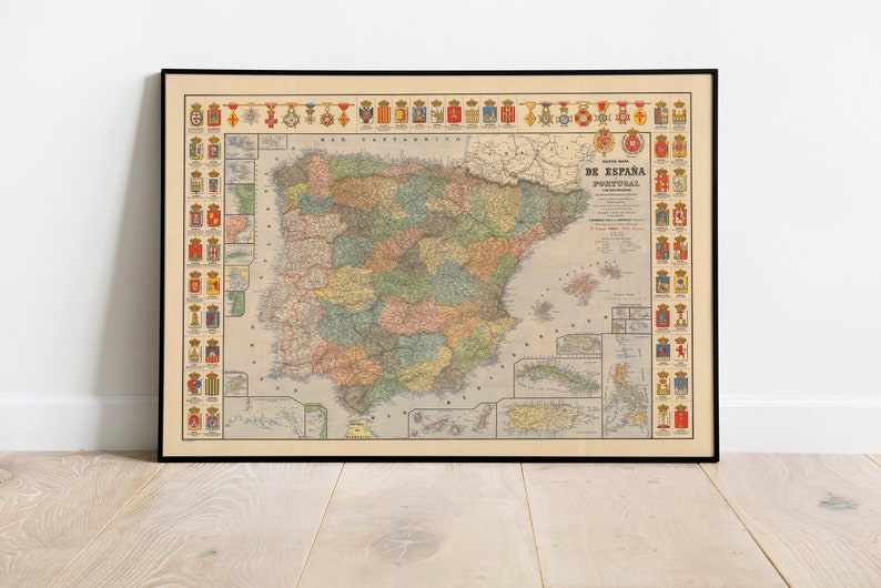 Color Map of Spain and Portugal and its colonies in 1892 Old Map Wall Print Framed Wall Art Canvas Print Spain and Portugal Wall Art image 1