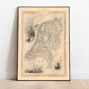 Holland Map Print Wandkunst| 1851 Holland Vintage Karte Wand Drucke| Leinwanddrucke| Alte Karten Poster Wanddeko| Pull Down Map