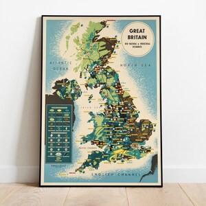 Mapa de recursos naturales e industriales de Gran Bretaña/ Mapa de Gran Bretaña/ Impresión de carteles/ Arte de pared con impresión de lienzo/ Arte de pared de mapa antiguo/ Decoración de pared de mapa enmarcado